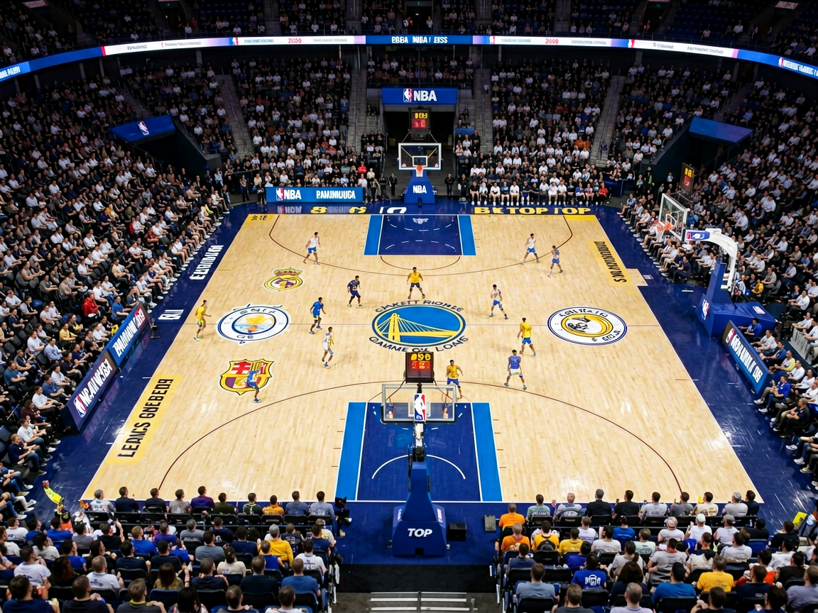 NBA职业篮球赛场的高空俯瞰视角，展示清晰的战术跑位和观众席